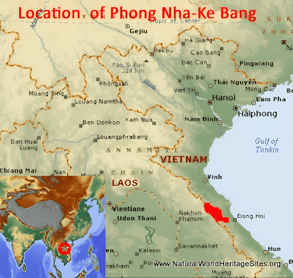 Phong Nha Ke Bang National Park Vietnam location map and karst landscape