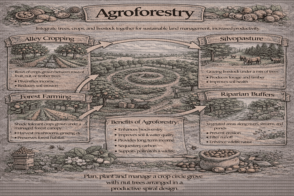 Agroforestry infographic showing alley cropping, silvopasture, forest farming, riparian buffers, and the benefits of agroforestry for sustainable land management.