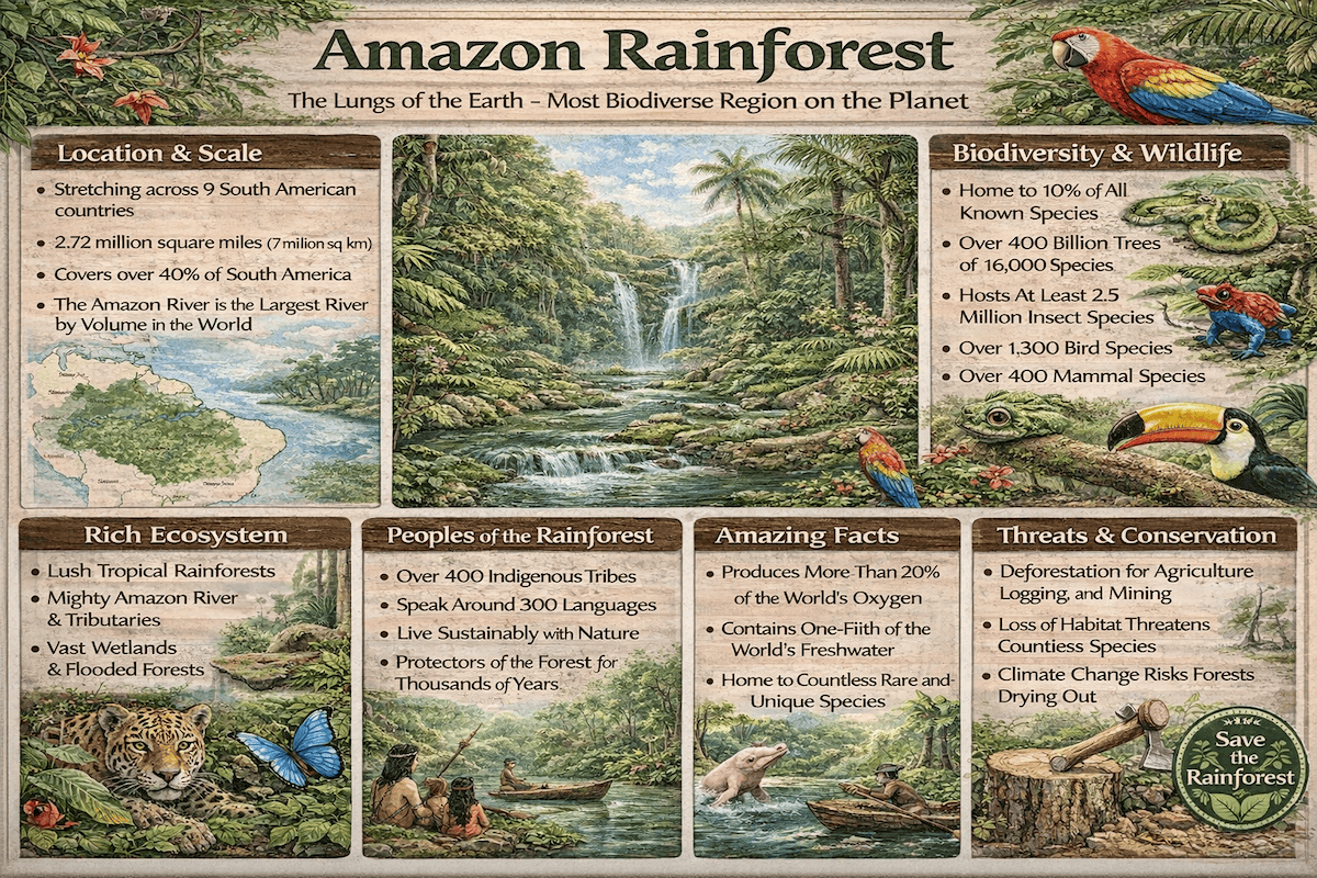Amazon Rainforest infographic showing its location, scale, biodiversity, wildlife, ecosystem importance, indigenous peoples, threats, and conservation value.