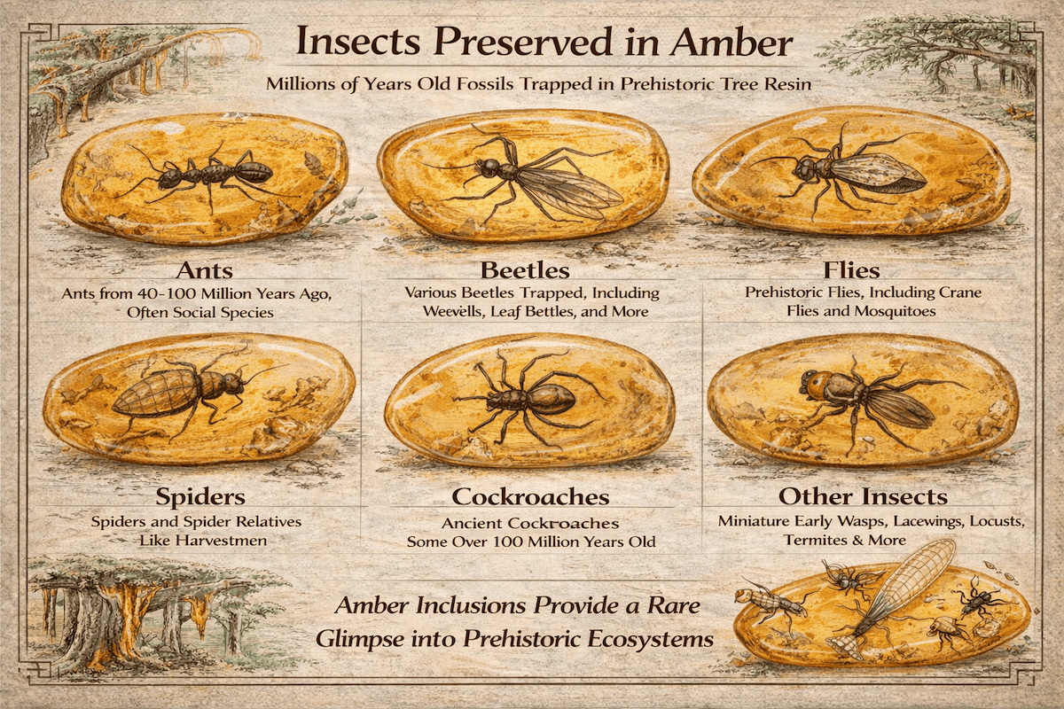 Insects preserved in amber infographic showing ants, beetles, flies, spiders, cockroaches, and other prehistoric insects trapped in fossilized tree resin millions of years ago.