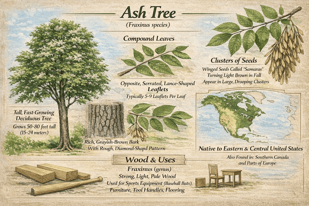 Ash tree infographic showing the tree form, compound leaves, winged samara seeds, bark texture, wood uses, and native range in North America.