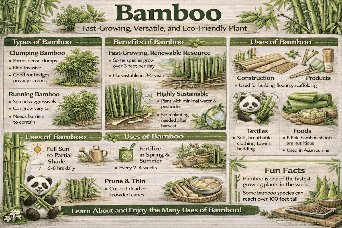Bamboo infographic showing types of bamboo, benefits of bamboo, uses of bamboo, care tips, and bamboo fun facts.