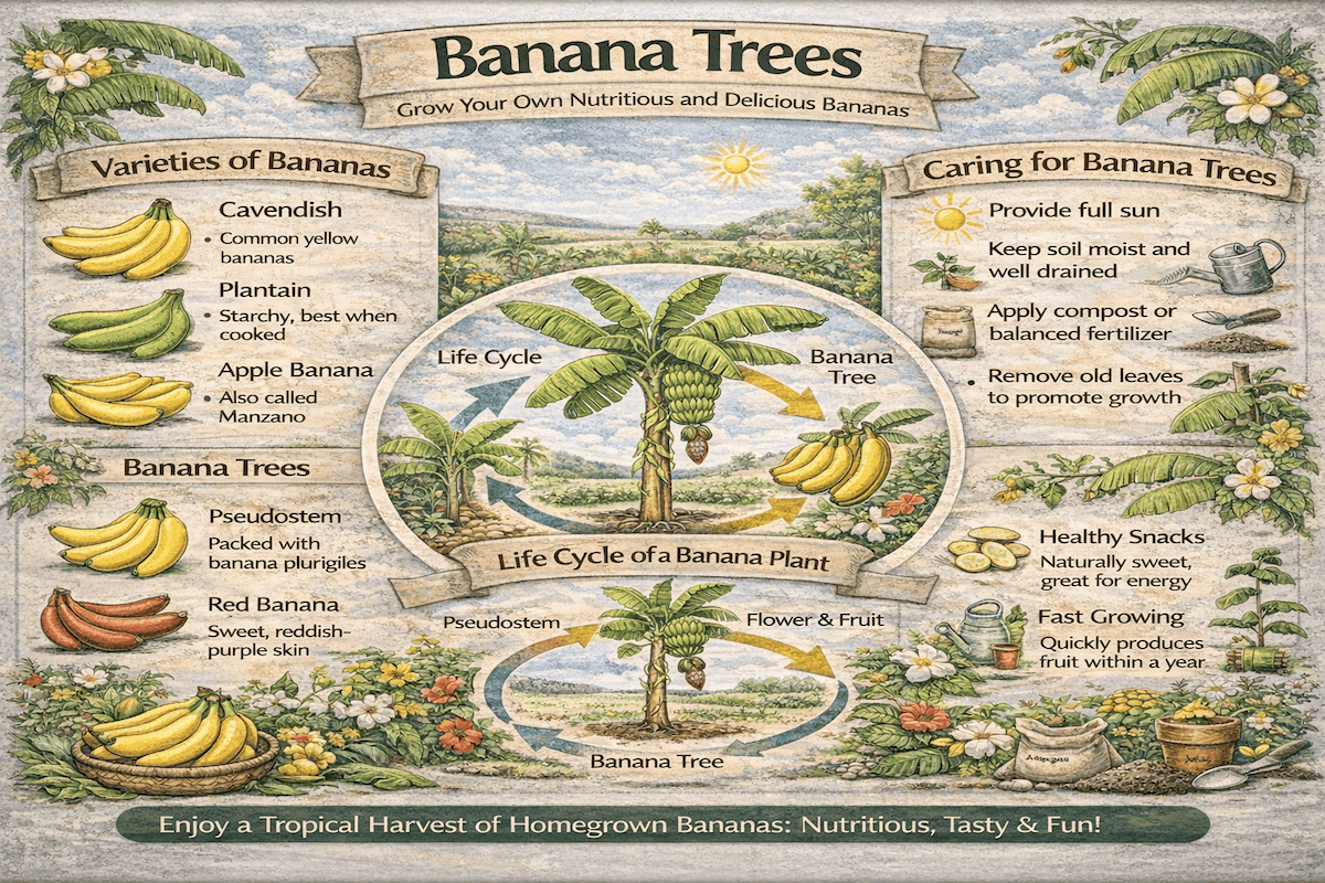 Banana trees infographic showing banana varieties, banana plant care tips, and the life cycle of a banana plant.