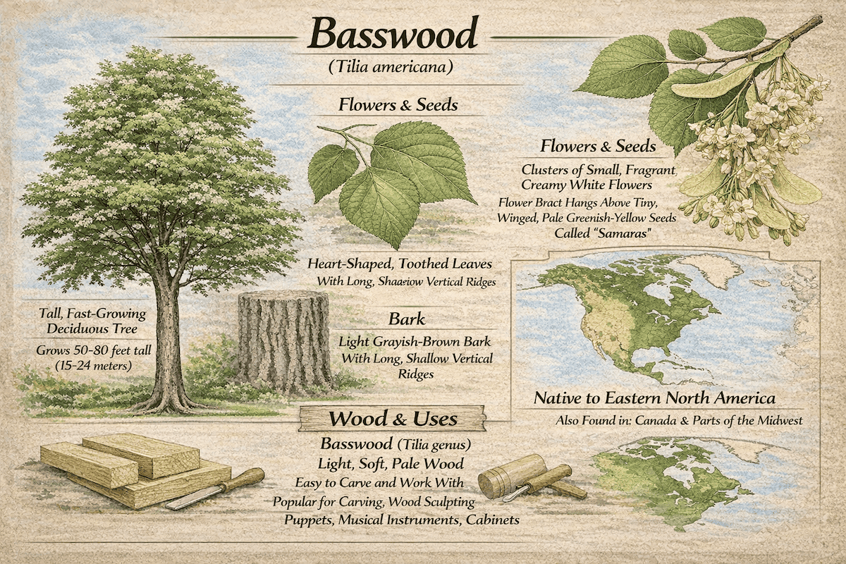 Basswood infographic showing Tilia americana, its flowers and seeds, heart-shaped leaves, bark, native range in eastern North America, and common wood uses.