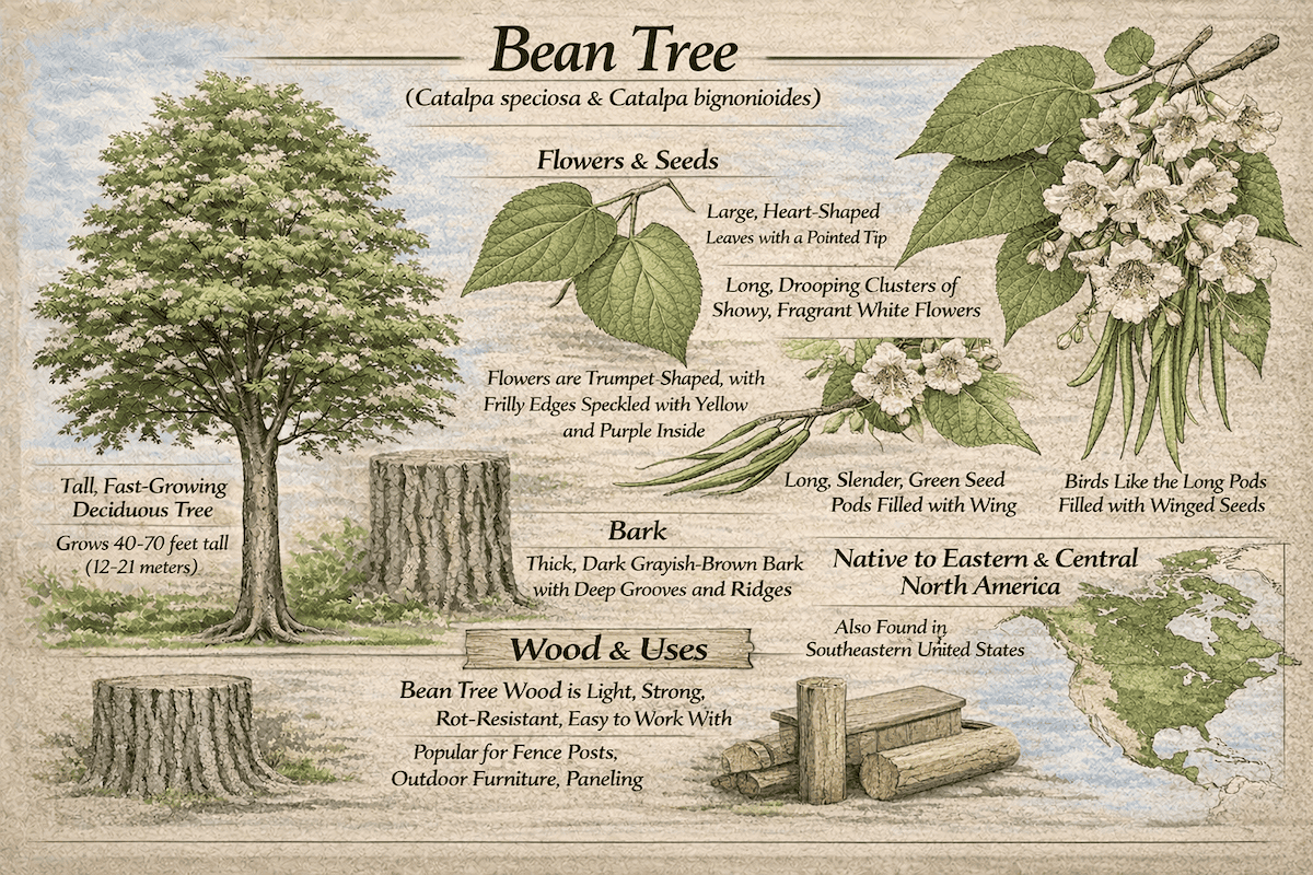 Bean tree infographic showing Catalpa speciosa and Catalpa bignonioides, including flowers, seed pods, bark, wood uses, native range, and growth size.