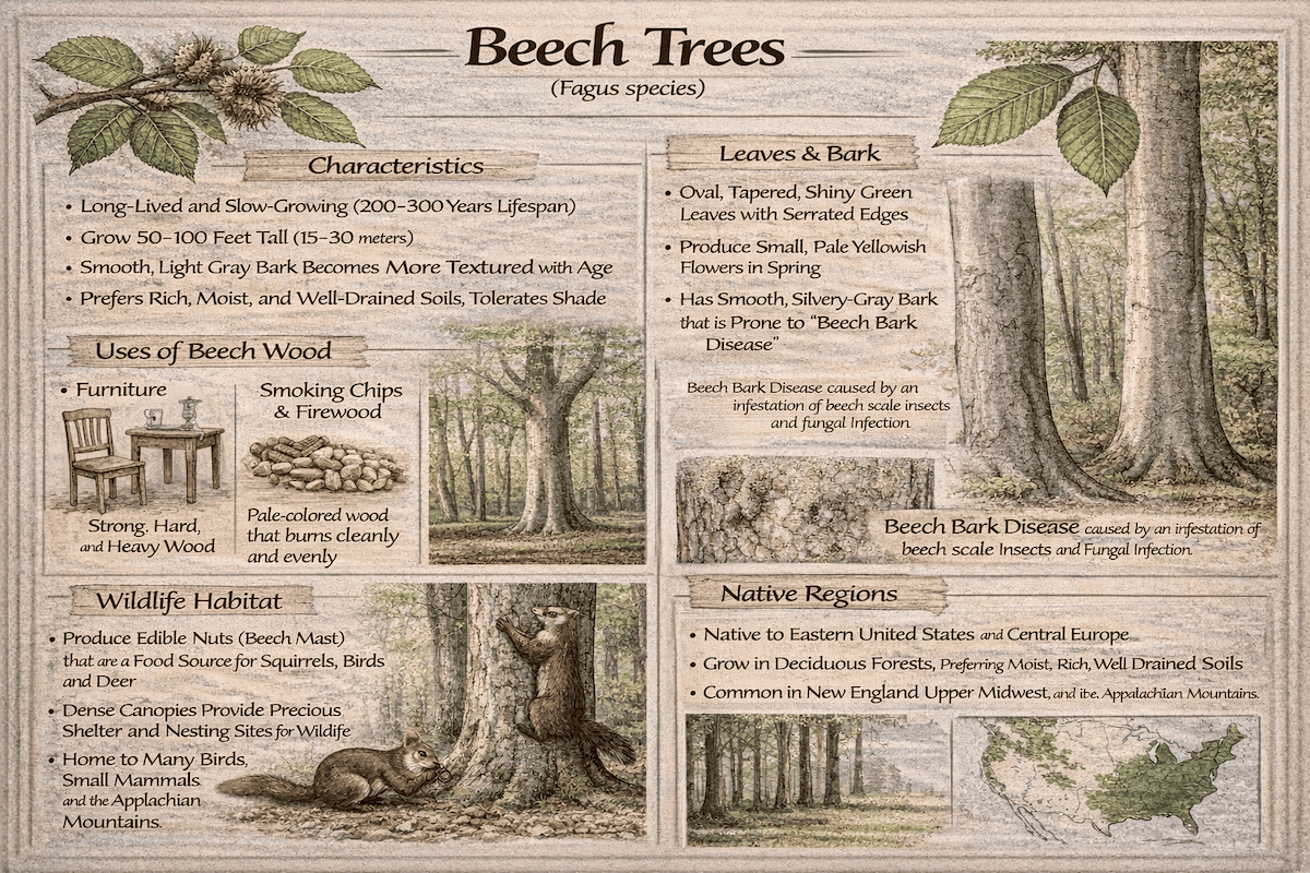Beech trees infographic showing Fagus species characteristics, leaves and bark, uses of beech wood, wildlife habitat value, native regions, and beech bark disease.