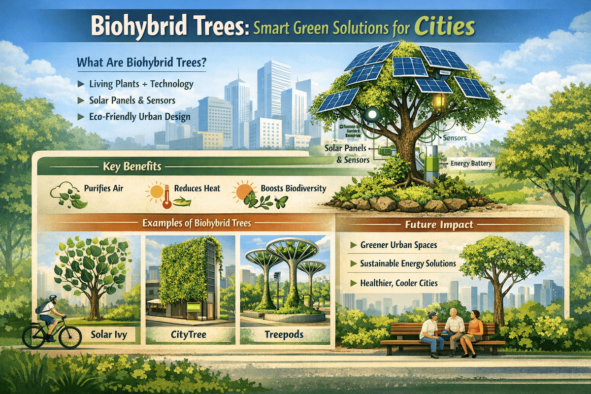 Biohybrid trees infographic showing smart green urban solutions that combine living plants with solar panels, sensors, biodiversity benefits, and examples like Solar Ivy, CityTree, and Treepods.