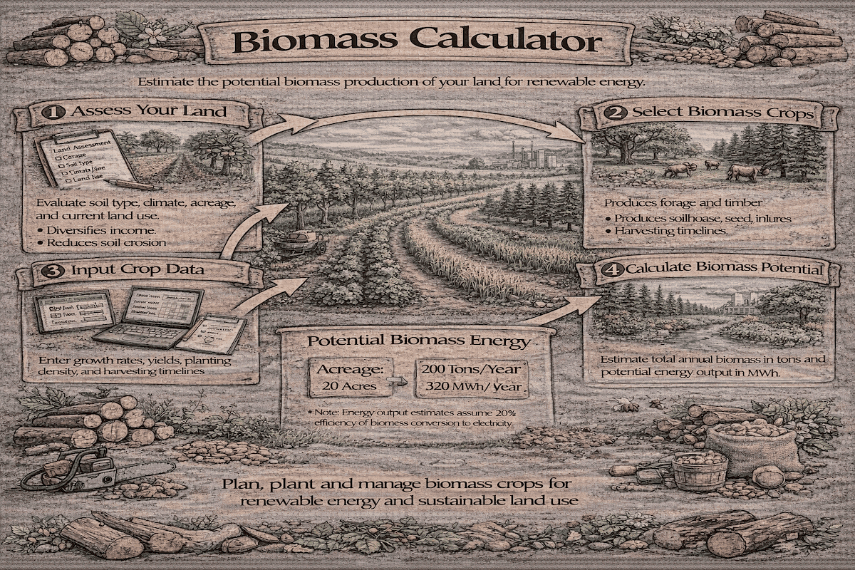 Biomass calculator infographic showing how to assess land, select biomass crops, input crop data, and calculate biomass energy production potential.