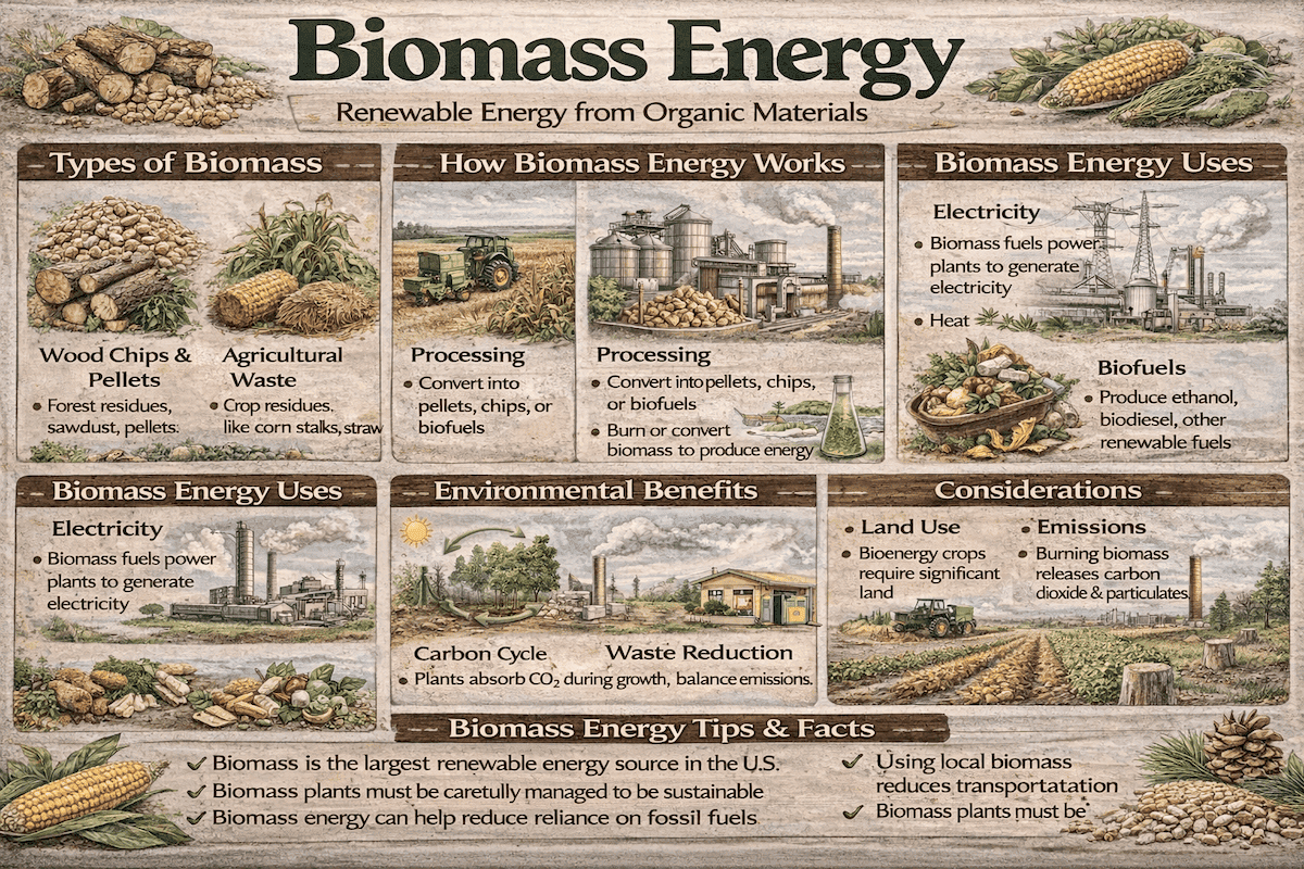 Biomass energy infographic showing types of biomass, how biomass energy works, biomass energy uses, environmental benefits, considerations, and biomass energy tips and facts.