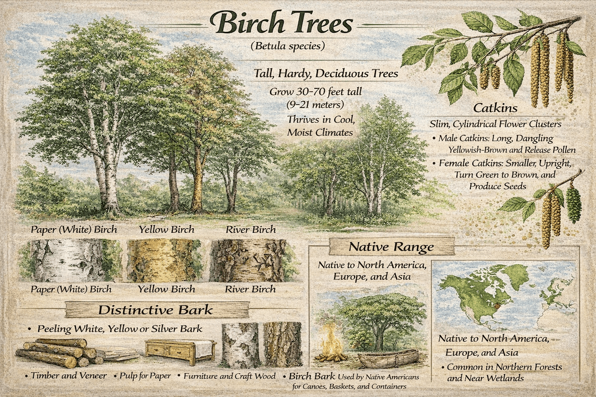 Birch trees infographic showing paper birch, yellow birch, and river birch, along with catkins, distinctive bark, native range, and common uses.
