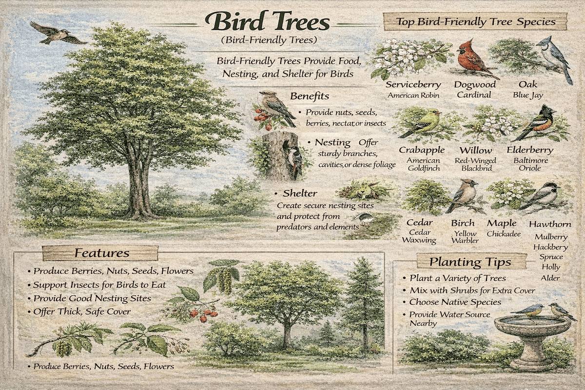 Bird trees infographic showing bird-friendly trees that provide food, nesting, and shelter for birds, along with top species and planting tips.