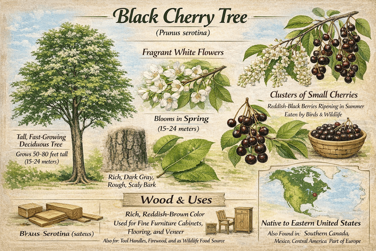 Black cherry tree infographic showing Prunus serotina, fragrant white spring flowers, clusters of dark cherries, leaves, bark, wood uses, and native range in the eastern United States.