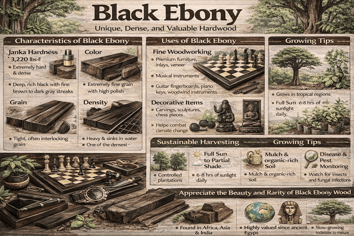 Black ebony infographic showing characteristics of black ebony wood, uses such as fine woodworking and decorative items, growing tips, and sustainable harvesting guidance.