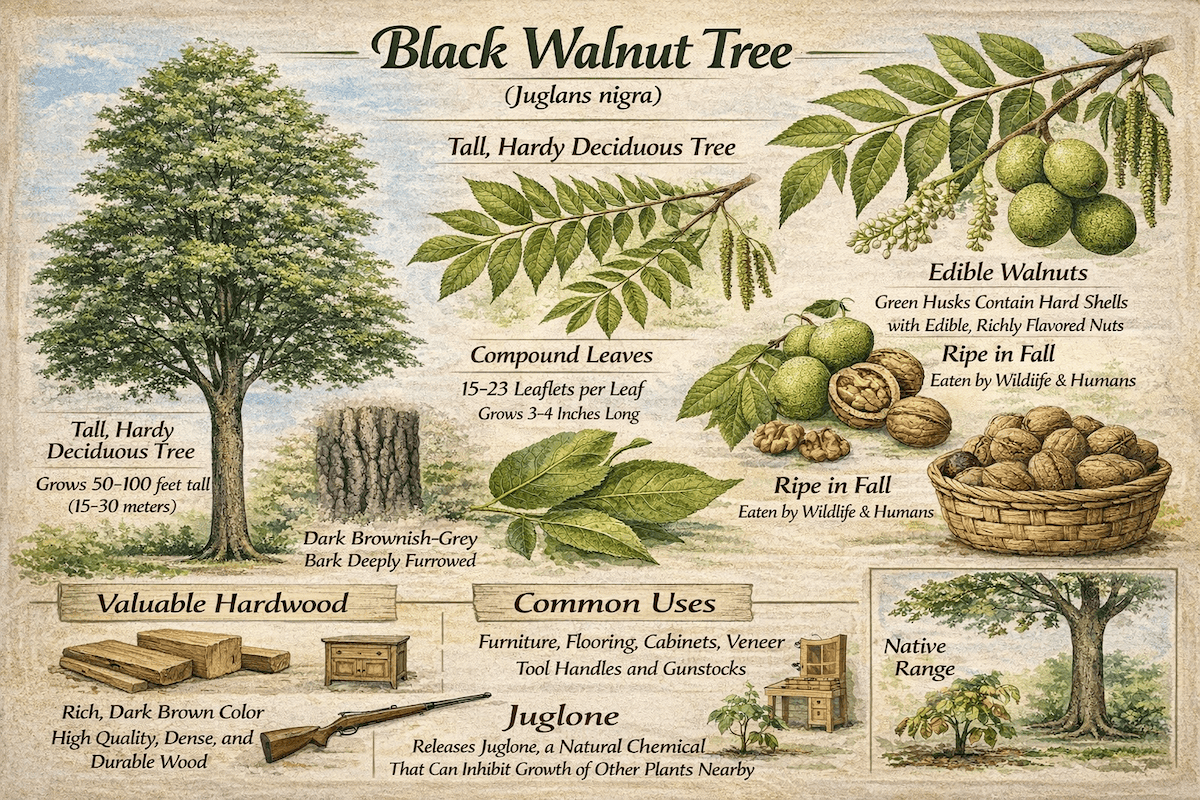 Black walnut tree infographic showing Juglans nigra, compound leaves, edible walnuts, valuable hardwood, common uses, native range, and juglone.