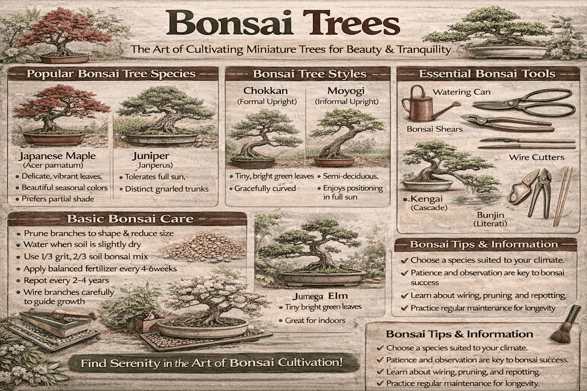 Bonsai trees infographic showing popular bonsai tree species, bonsai styles, essential bonsai tools, and basic bonsai care tips.