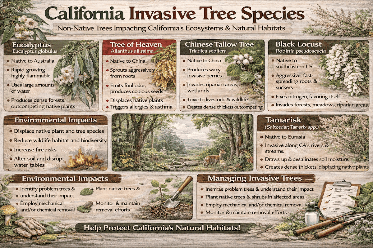 California invasive tree species infographic showing eucalyptus, tree of heaven, Chinese tallow tree, black locust, and tamarisk, with environmental impacts and management tips.