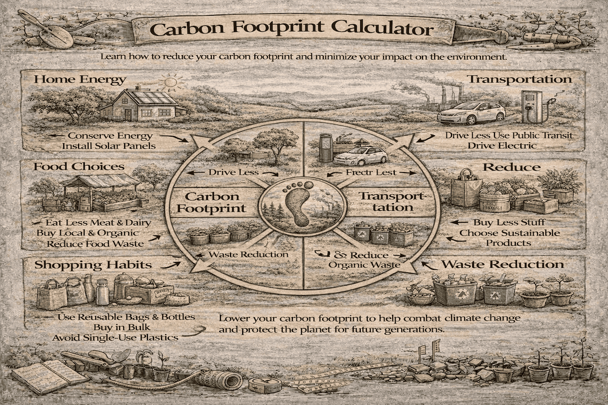 Carbon Footprint Calculator infographic showing home energy, transportation, food choices, shopping habits, waste reduction, and ways to reduce environmental impact.