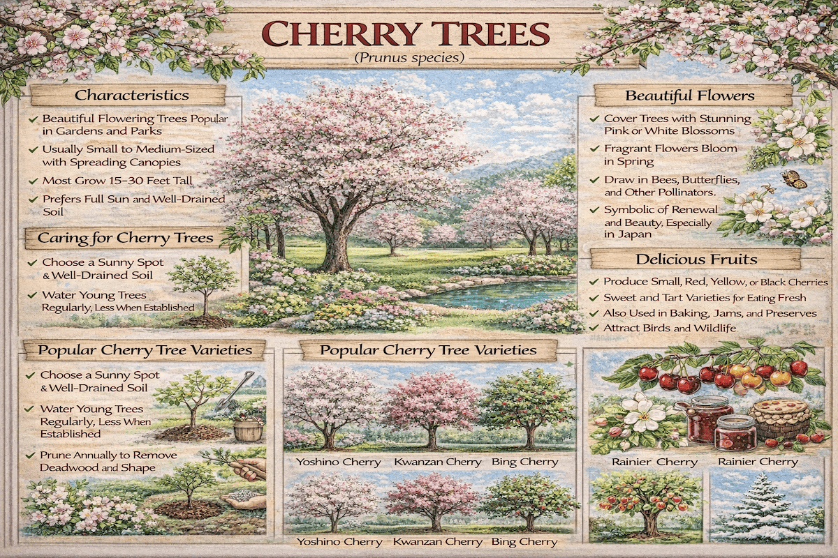 Cherry trees infographic showing flowering cherry tree characteristics, blossom beauty, fruit value, care tips, and popular cherry tree varieties including Yoshino, Kwanzan, Bing, and Rainier.