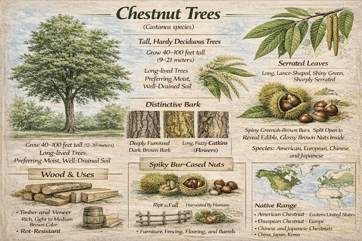 Chestnut tree infographic showing Castanea species characteristics, serrated leaves, bur-cased nuts, bark, wood uses, and native range.