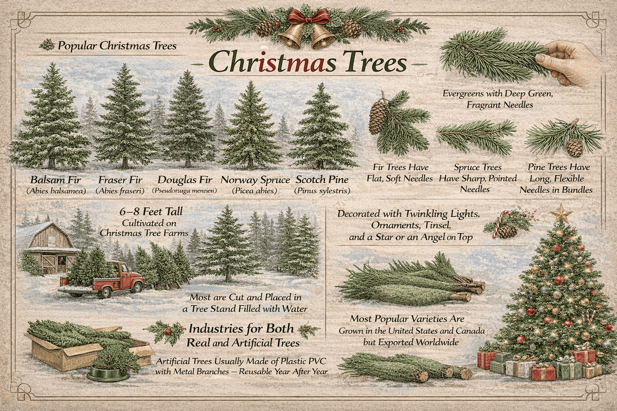 Christmas trees infographic showing popular Christmas tree varieties, needle types, farm-grown holiday trees, and decorating traditions.