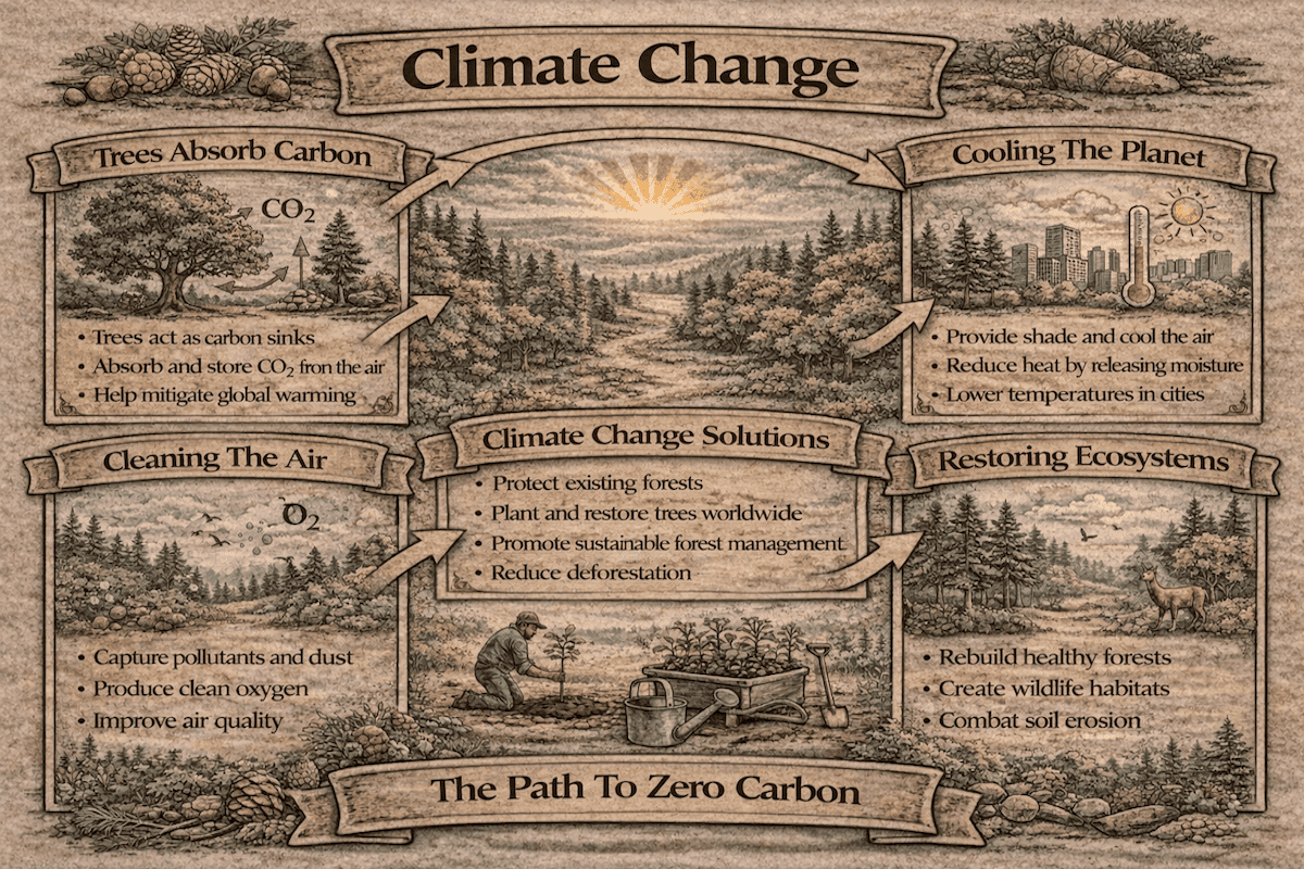 Climate change infographic showing how trees absorb carbon, clean the air, cool the planet, restore ecosystems, and support the path to zero carbon.