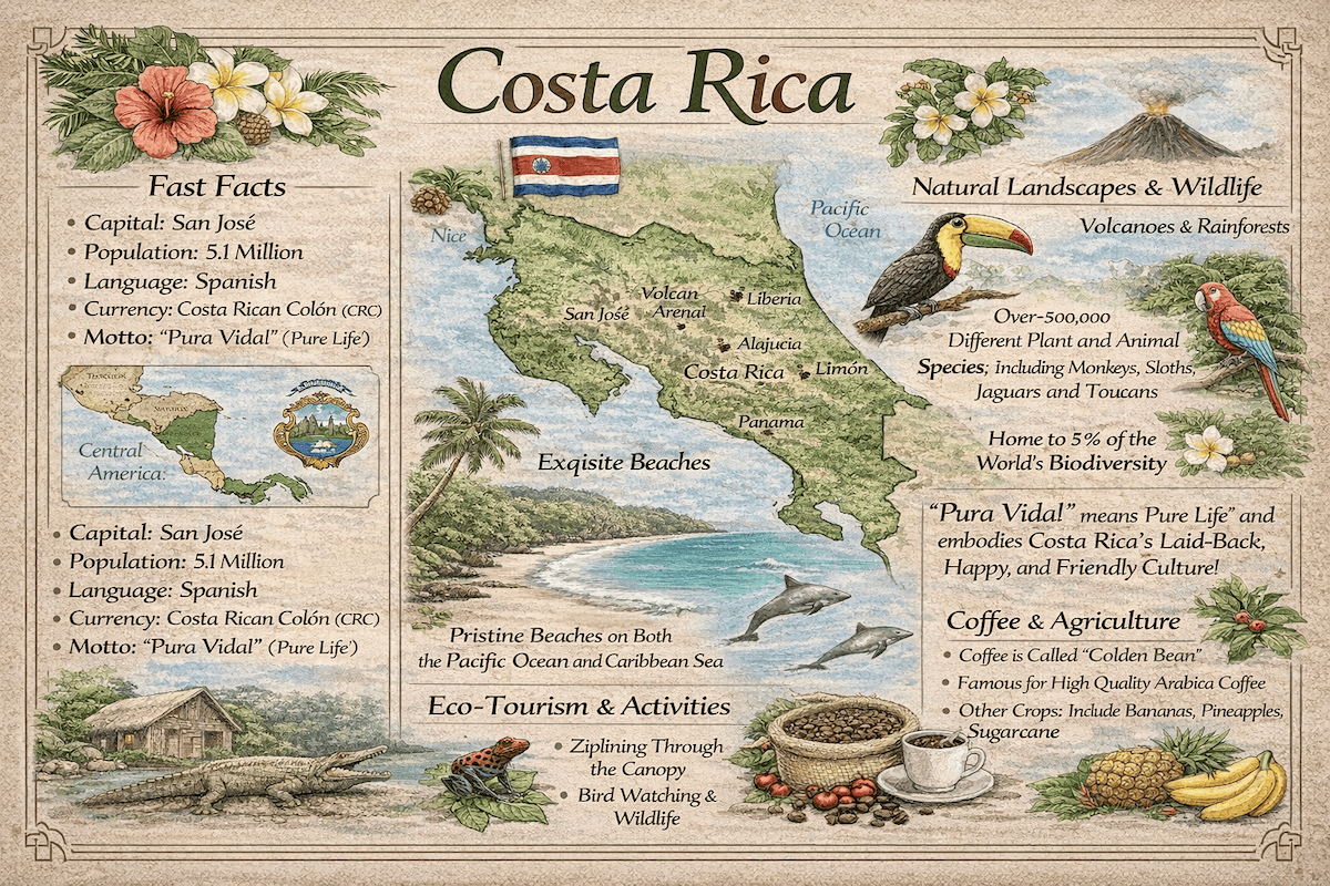 Costa Rica infographic featuring a map, fast facts, biodiversity, volcanoes, beaches, eco-tourism, coffee, agriculture, and wildlife.