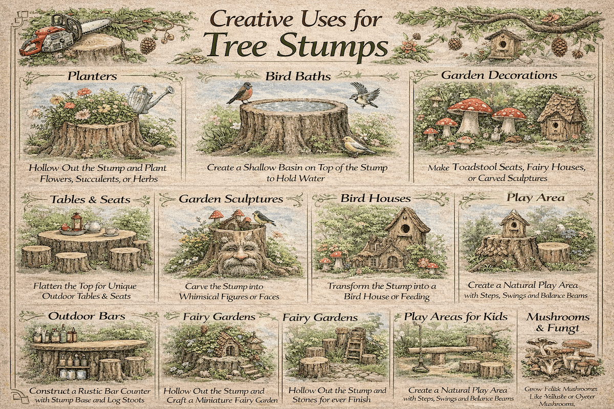 Creative uses for tree stumps infographic showing ideas such as planters, bird baths, garden decorations, tables and seats, sculptures, bird houses, play areas, outdoor bars, fairy gardens, and mushroom displays.