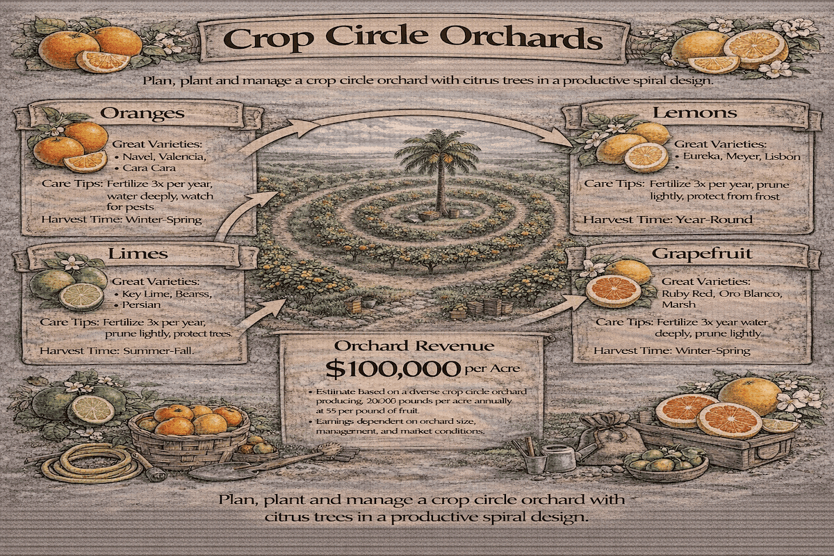 Crop Circle Orchards infographic showing oranges, lemons, limes, and grapefruit arranged in a productive spiral citrus orchard design with care tips, harvest timing, and estimated orchard revenue per acre.