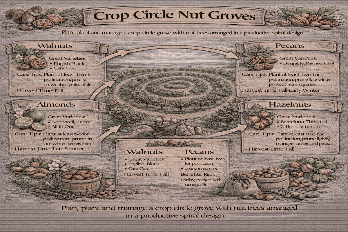 Crop Circle Nut Groves infographic showing walnuts, pecans, almonds, and hazelnuts arranged in a productive spiral grove design with care tips, harvest timing, and grove planning ideas.