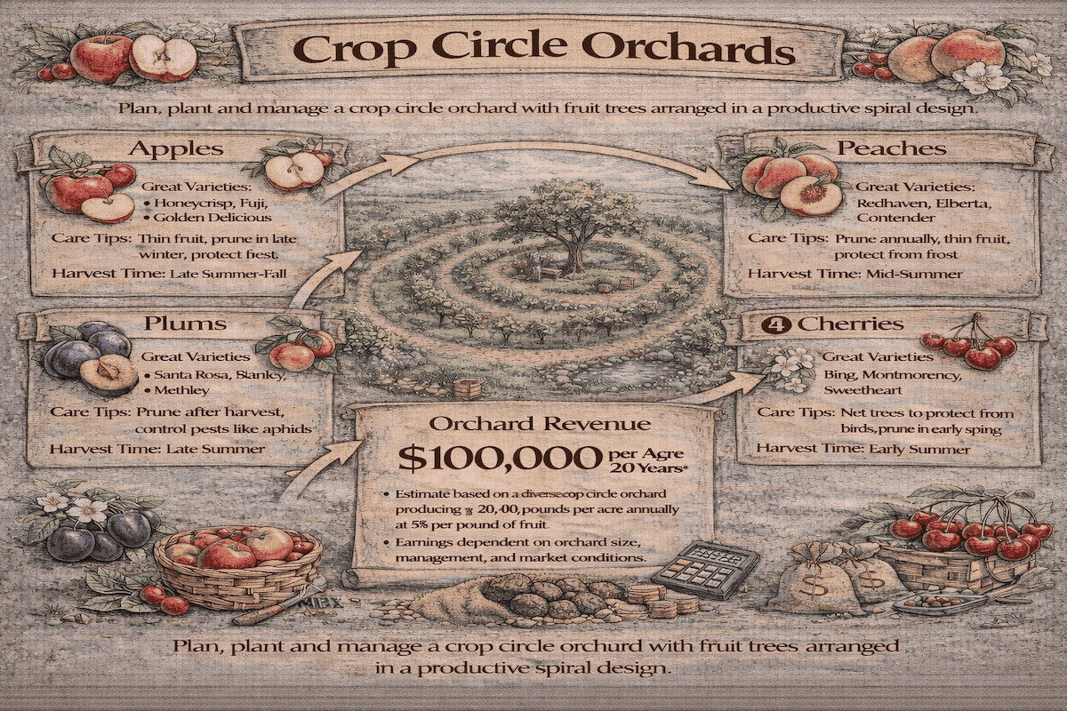Crop Circle Orchards infographic showing apples, peaches, plums, and cherries arranged around a productive spiral orchard design, with care tips, harvest timing, and estimated orchard revenue per acre.