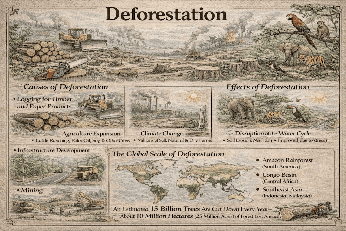 Deforestation infographic showing the causes of deforestation, effects on wildlife and ecosystems, and the global scale of forest loss.