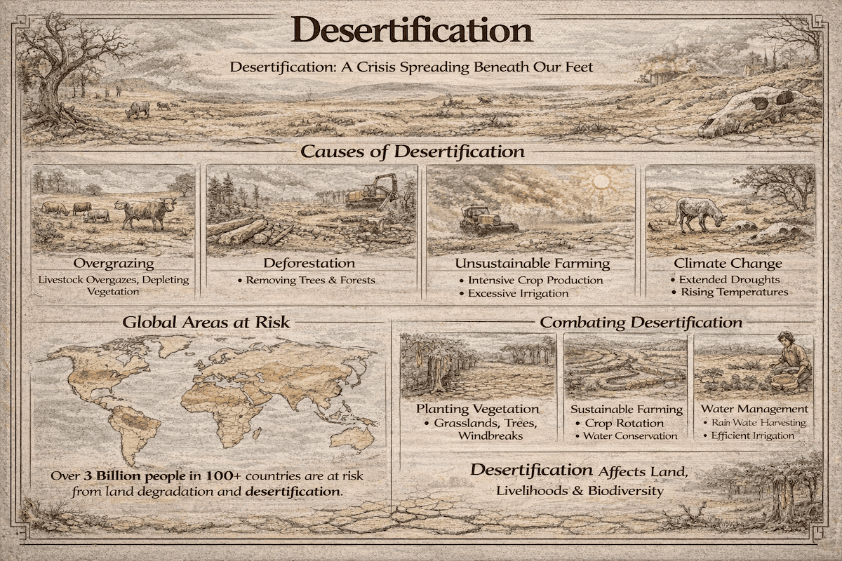 Desertification infographic showing the causes of desertification, global areas at risk, and solutions such as planting vegetation, sustainable farming, and water management.