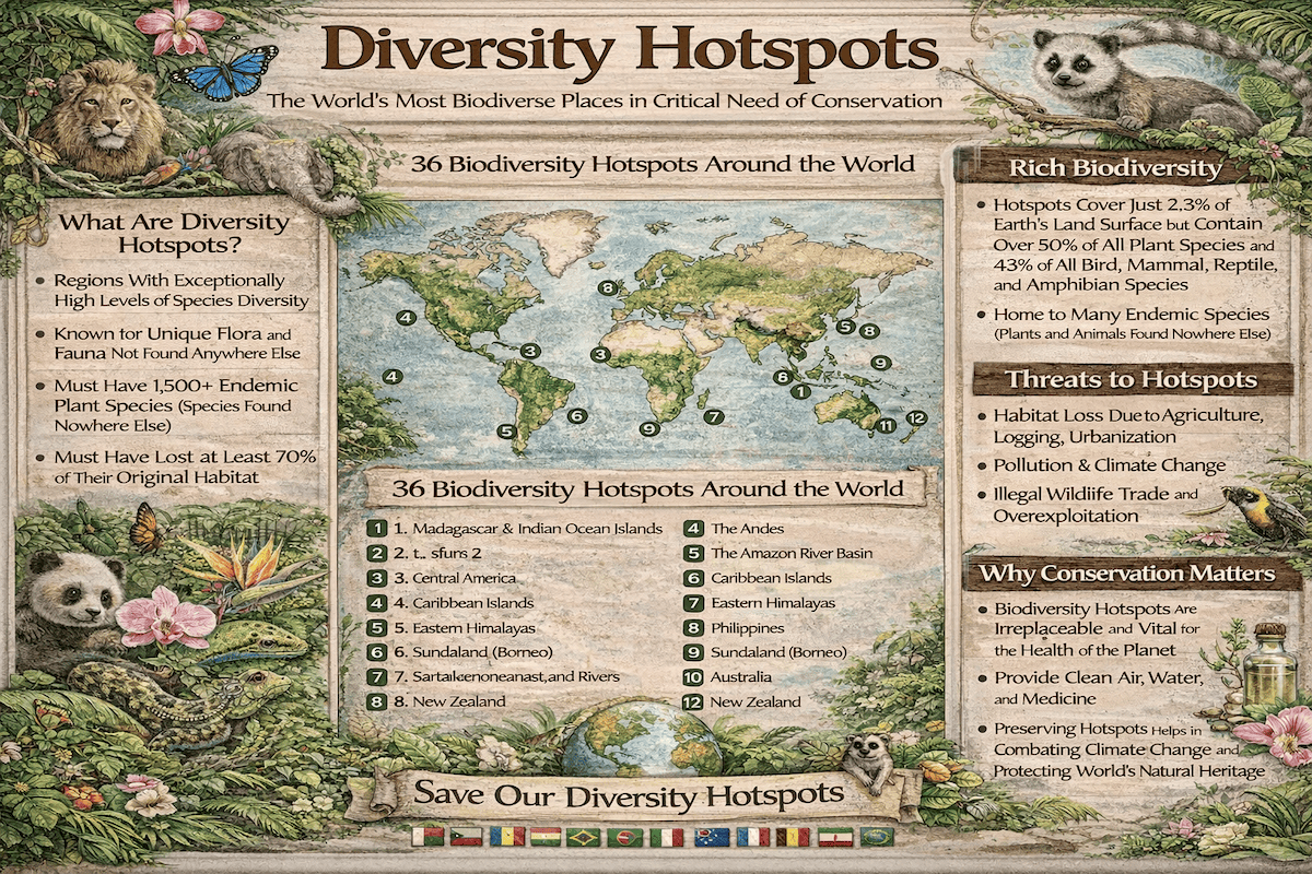 Diversity hotspots infographic showing the world’s most biodiverse regions, threats to hotspots, why conservation matters, and global biodiversity hotspot distribution.