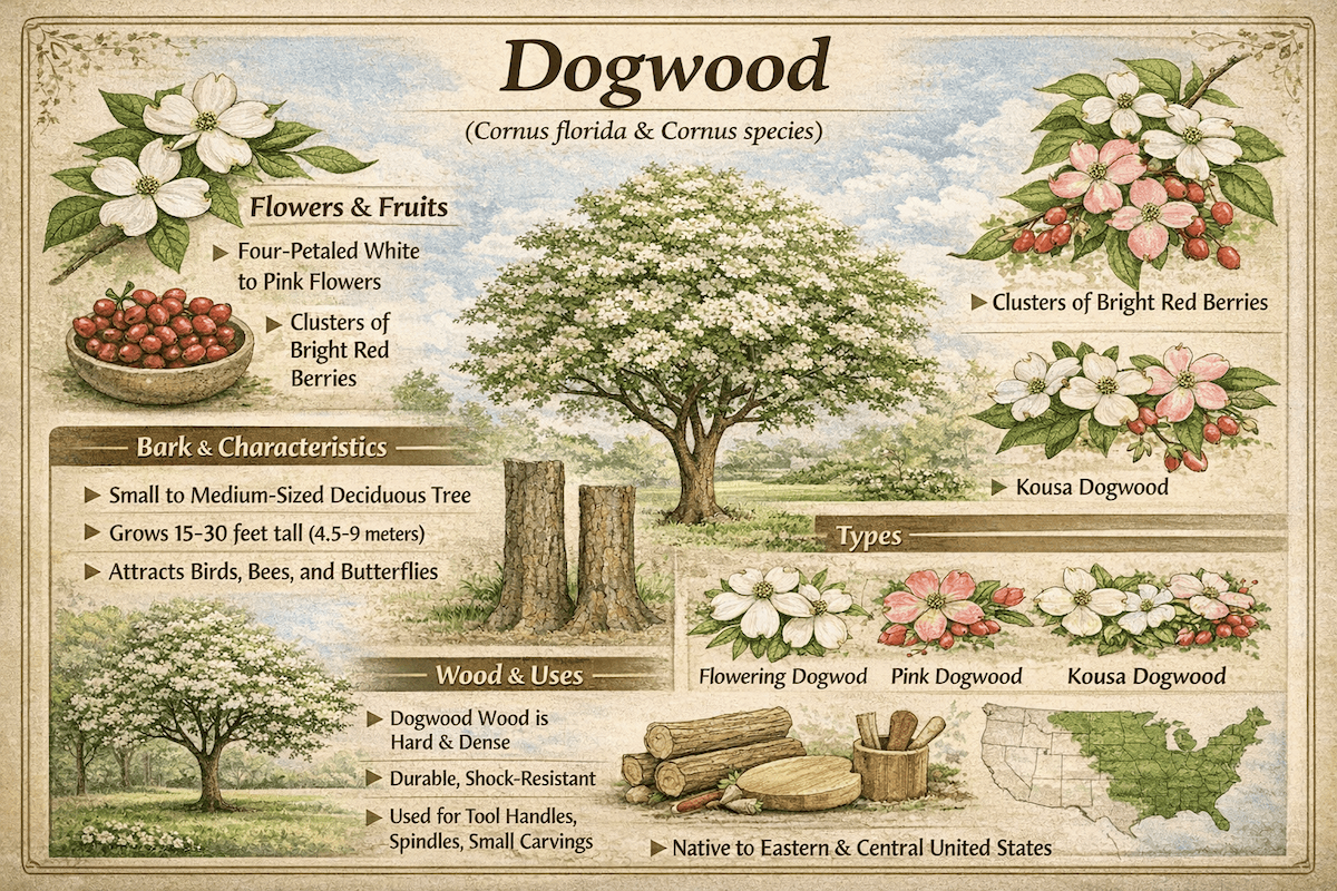 Dogwood infographic showing dogwood flowers, berries, tree characteristics, wood uses, types of dogwood, and native range in the eastern and central United States.