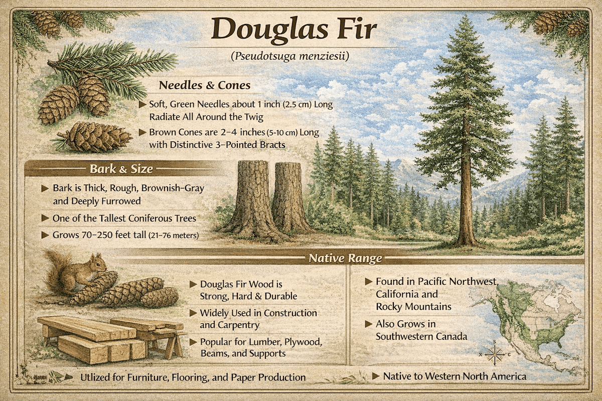 Douglas fir infographic showing needles, cones, bark, size, native range, wood uses, and distribution across western North America.