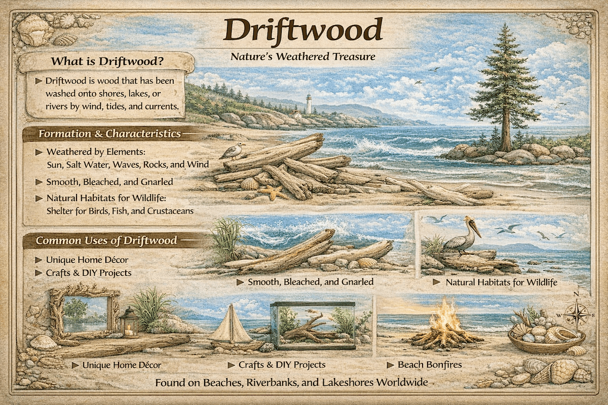Driftwood infographic showing what driftwood is, how it forms, its weathered characteristics, wildlife habitat value, and common uses such as home décor, crafts, and beach bonfires.