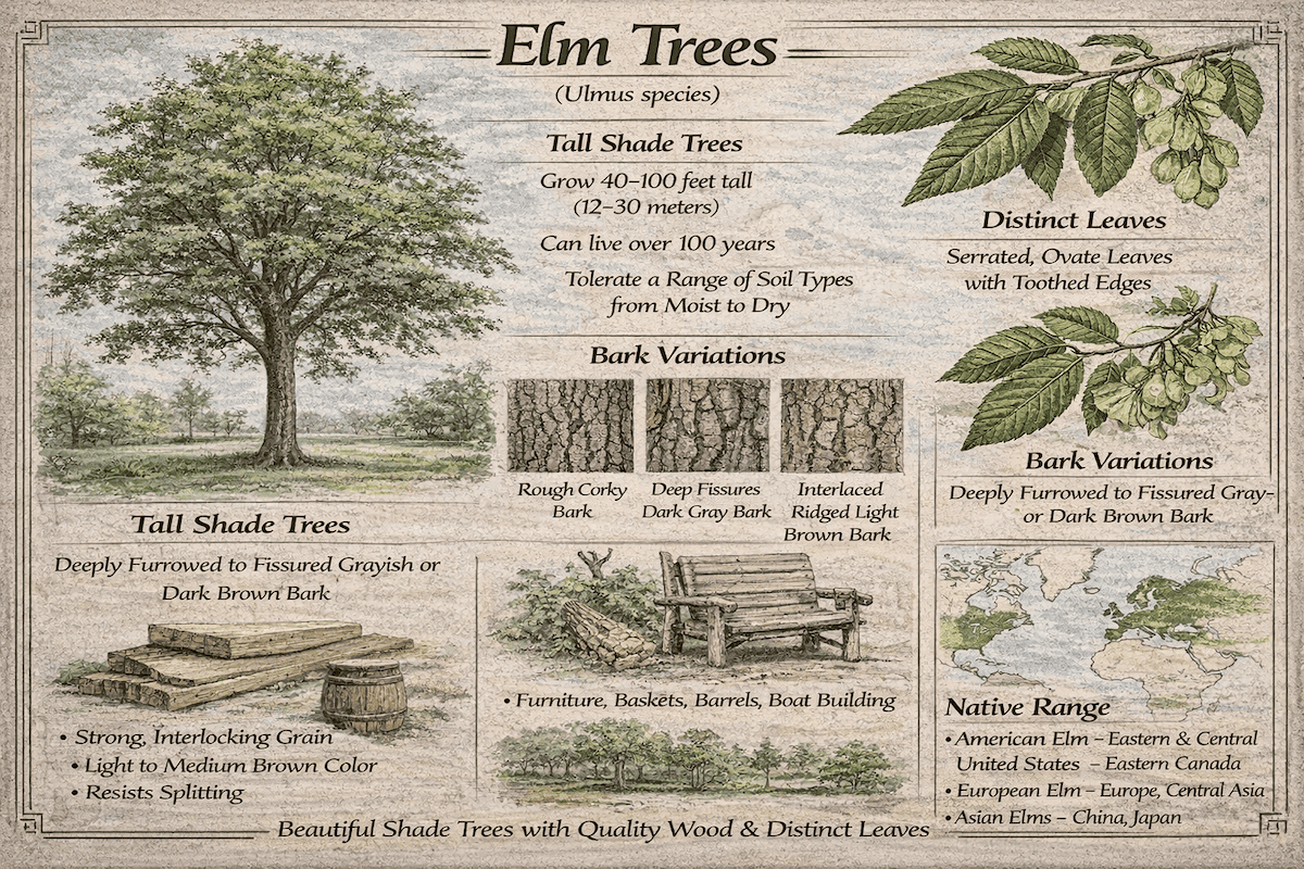 Elm trees infographic showing elm tree characteristics, leaf shape, bark variations, native range, uses, and mature height.