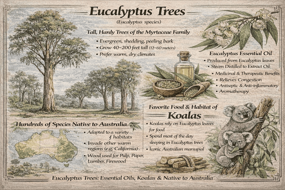 Eucalyptus trees infographic showing eucalyptus species, essential oil uses, native Australian range, and the relationship between eucalyptus trees and koalas.