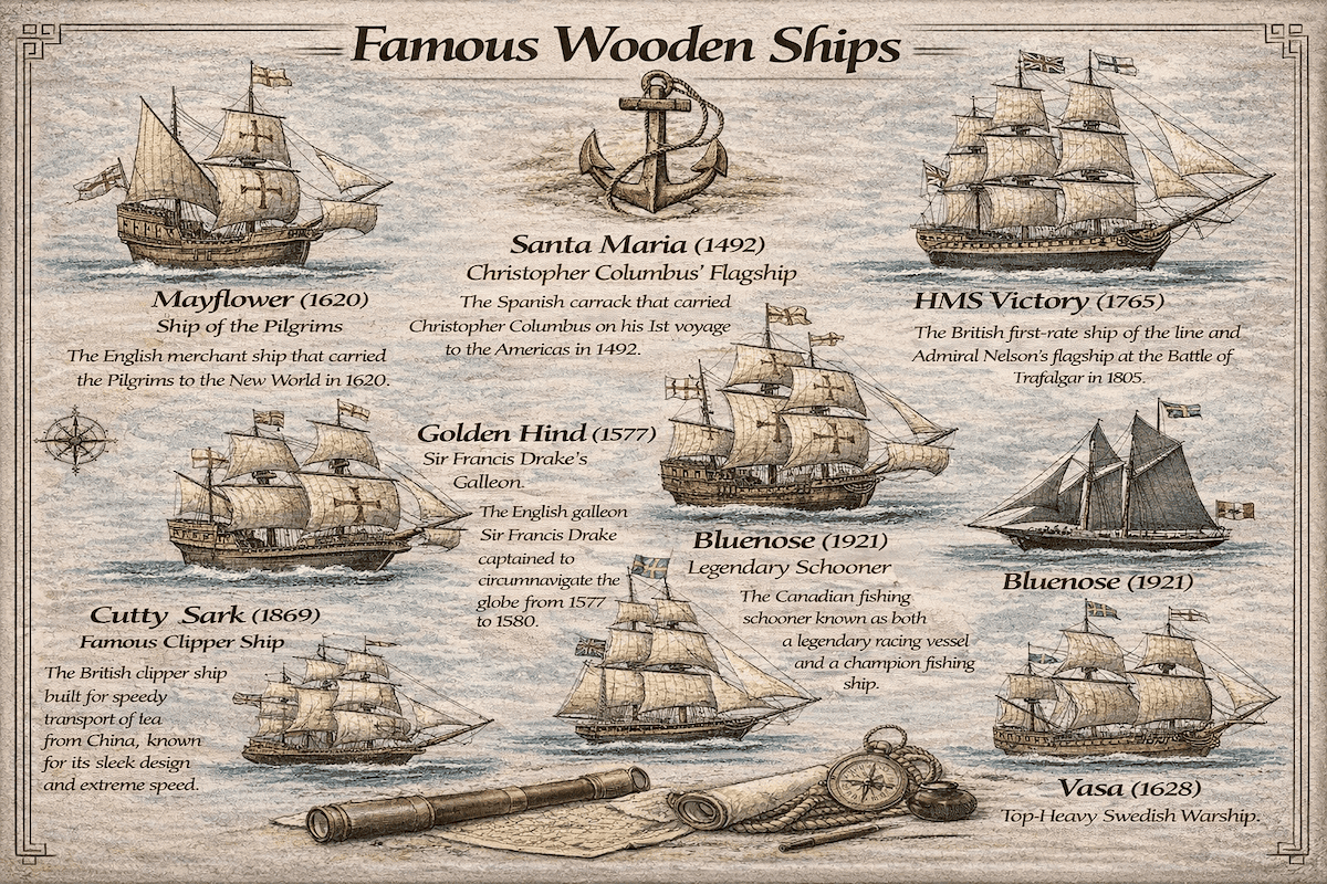 Famous wooden ships infographic featuring the Mayflower, Santa Maria, HMS Victory, Golden Hind, Cutty Sark, Bluenose, and Vasa.
