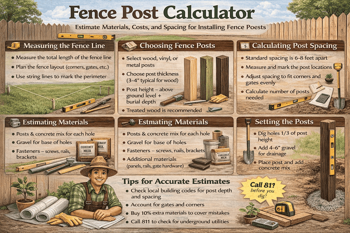 Fence Post Calculator infographic showing how to measure a fence line, choose fence posts, calculate post spacing, estimate materials, set posts, and improve estimate accuracy.