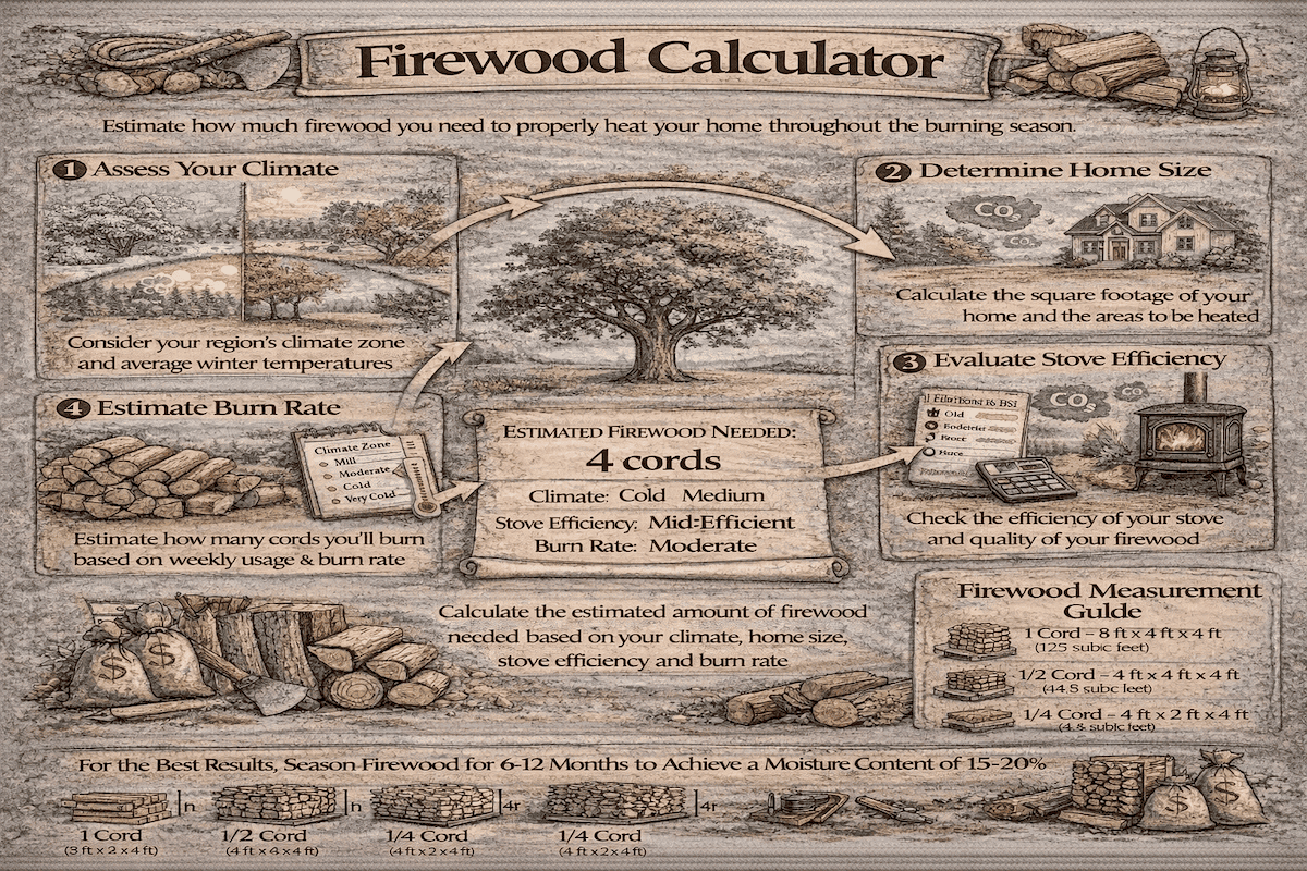 Firewood calculator infographic showing how to assess climate, determine home size, evaluate stove efficiency, estimate burn rate, and measure cords of firewood needed.