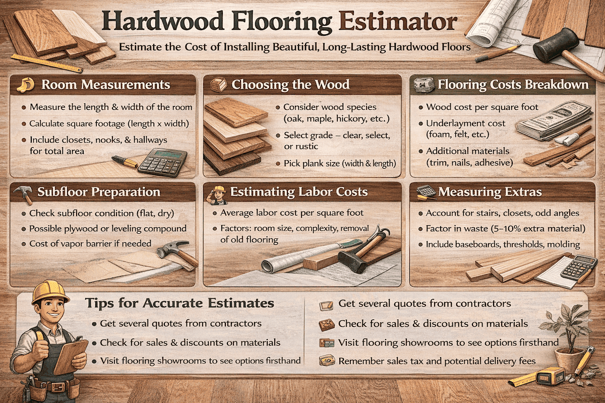 Hardwood flooring estimator infographic showing room measurements, choosing wood species, flooring cost breakdown, subfloor preparation, estimating labor costs, and tips for accurate flooring estimates.