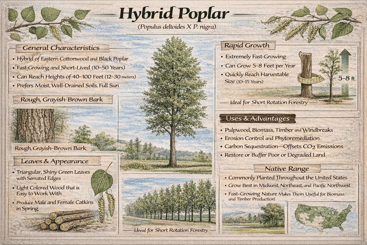 Hybrid poplar infographic showing general characteristics, rapid growth, bark texture, leaves and appearance, uses and advantages, and native range of hybrid poplar trees.