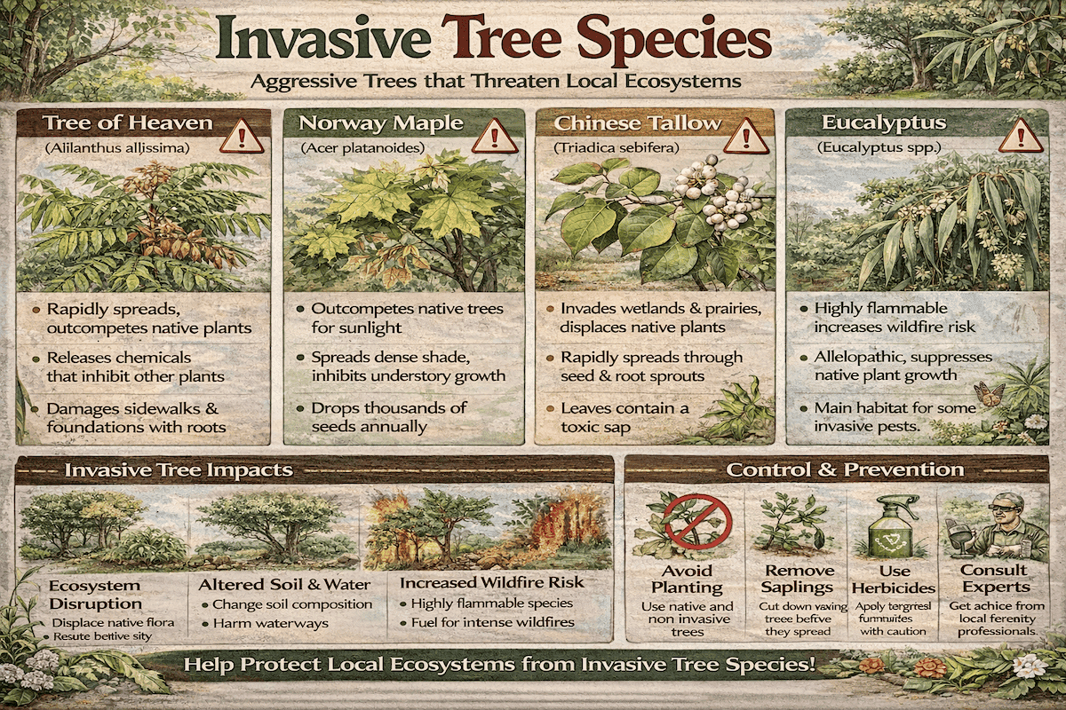 Invasive tree species infographic showing tree of heaven, Norway maple, Chinese tallow, and eucalyptus, along with ecosystem impacts and control and prevention tips.