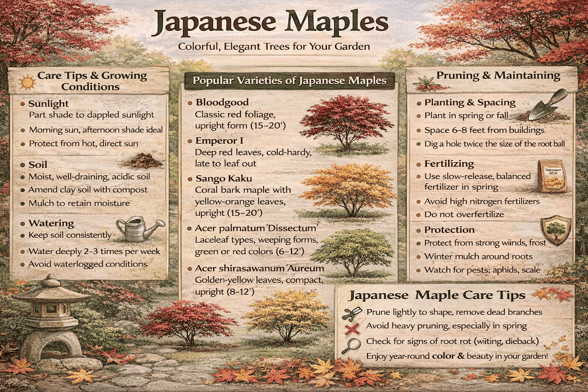 Japanese maples infographic showing care tips, growing conditions, popular varieties, pruning guidance, and maintenance tips for Japanese maple trees.