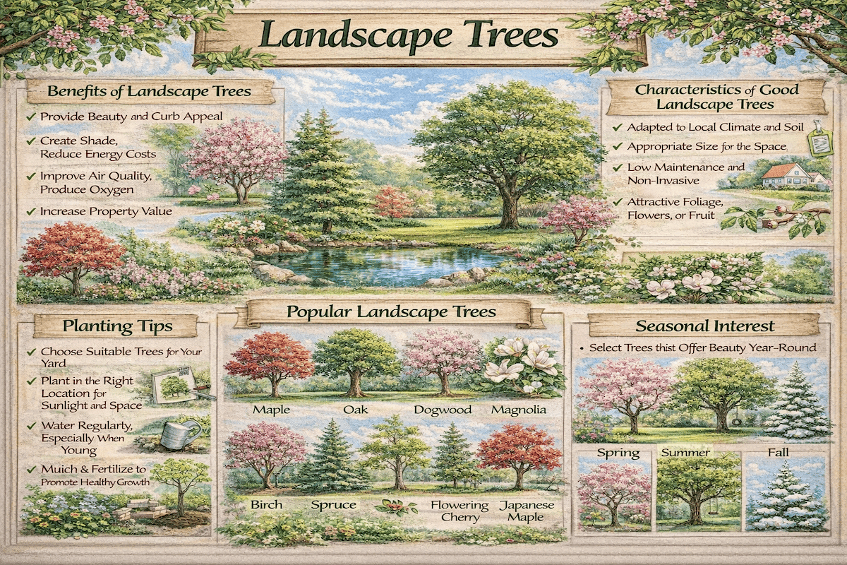 Landscape trees infographic showing popular types of landscape trees including flowering, ornamental, shade, and evergreen trees, along with planting tips, landscaping benefits, and versatile planting locations.