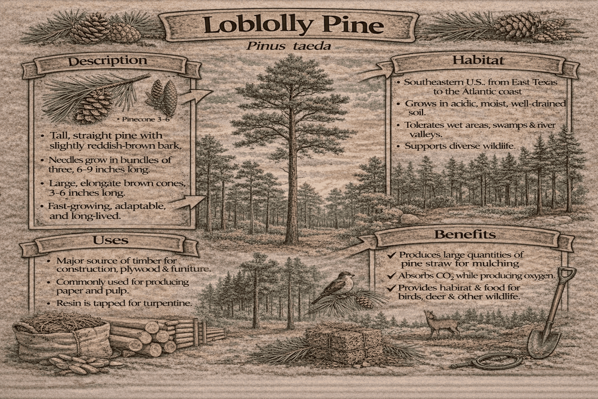 Loblolly Pine infographic showing Pinus taeda description, habitat, uses, and benefits, including timber, pine straw, wildlife support, and carbon absorption.