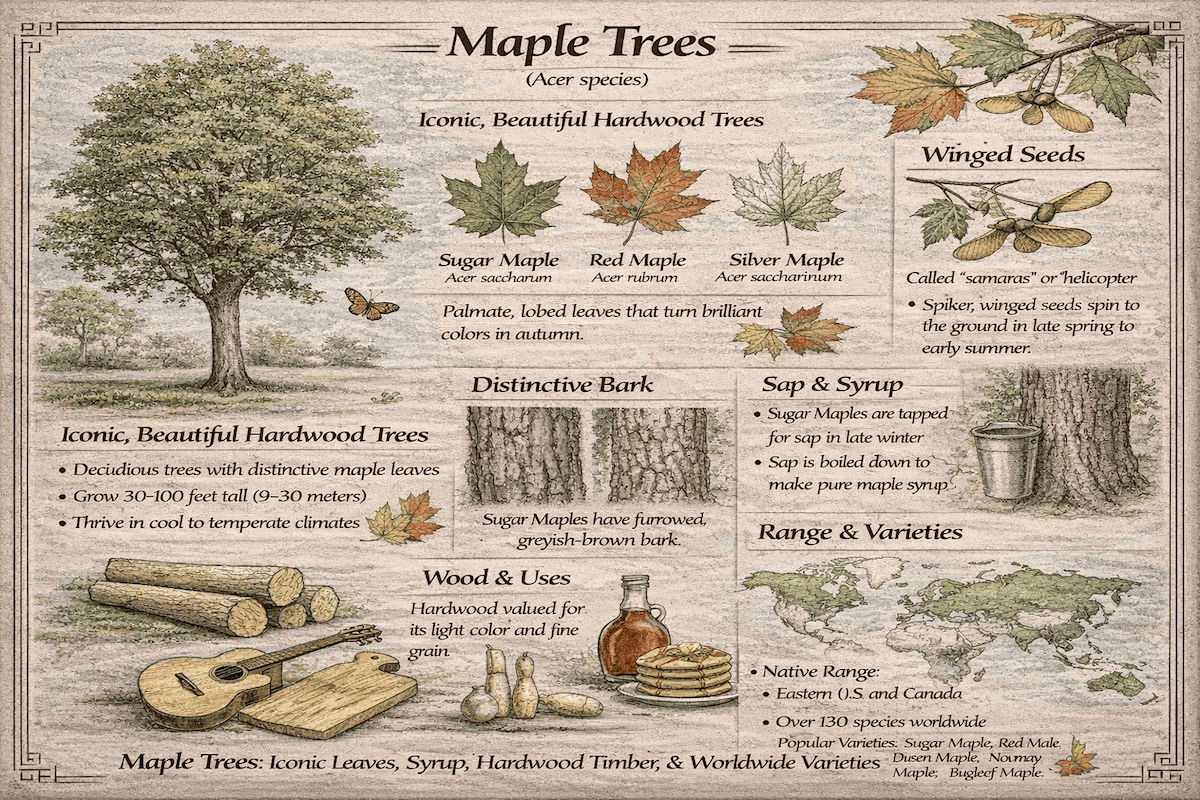 Maple trees infographic showing sugar maple, red maple, and silver maple leaves, winged seeds, bark, sap and syrup, wood uses, and worldwide range.