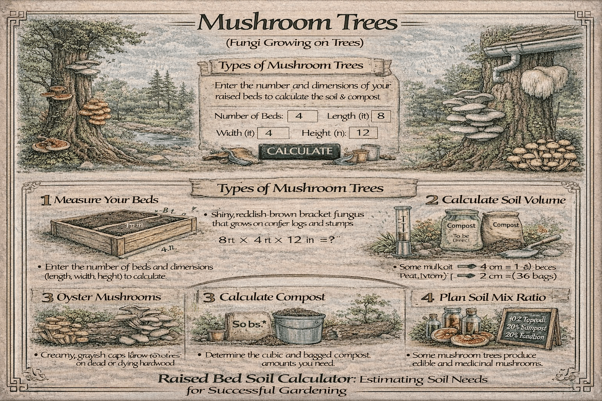 Mushroom trees infographic showing fungi growing on trees, common mushroom types found on wood, and a visual guide to tree-based mushroom growth.