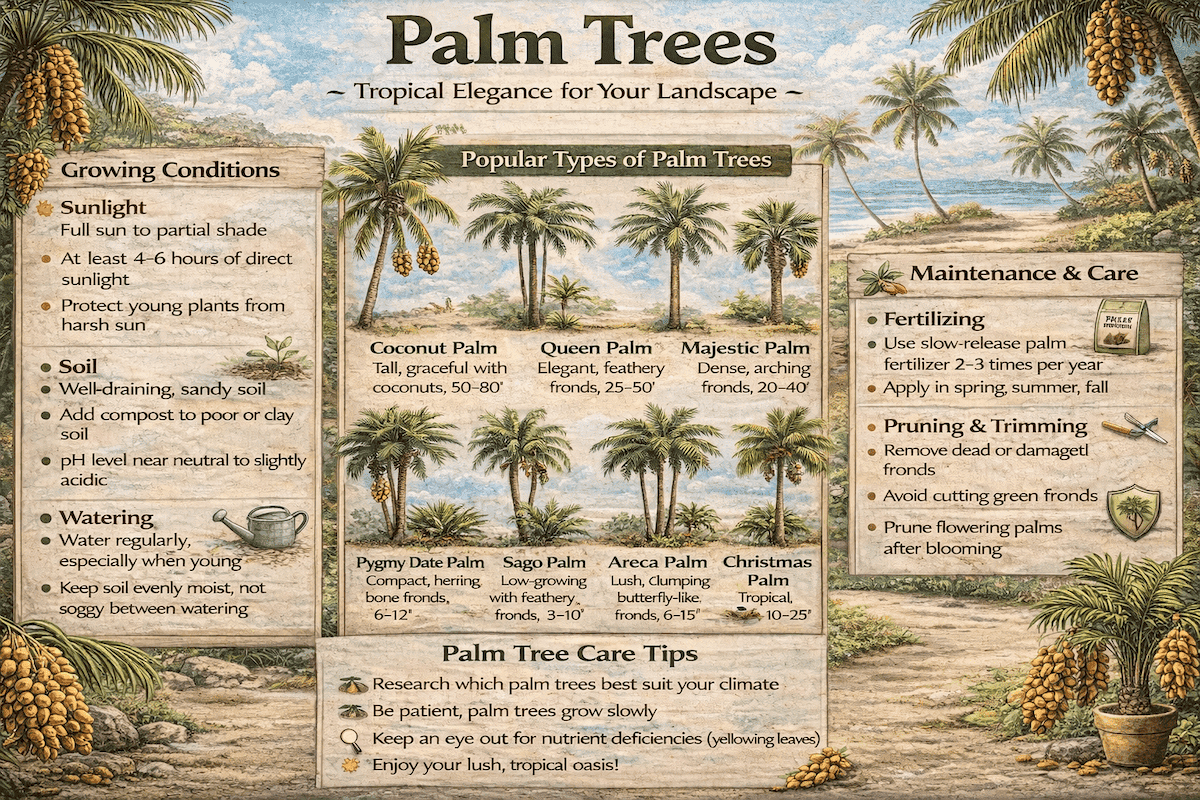Palm trees infographic showing growing conditions, popular types of palm trees, maintenance and care, and palm tree care tips.